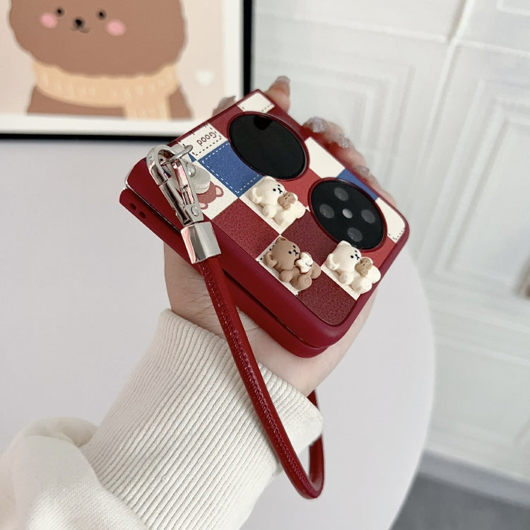 Funda para Teléfono Huawei Pocket 2 con Diseño Osito Enrejado y Correa para Muñeca (Rojo)