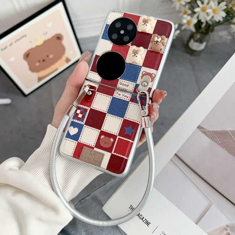 Funda para Teléfono Huawei Pocket 2 con Diseño de Osito Enrejado y Correa para Muñeca (Plateada)