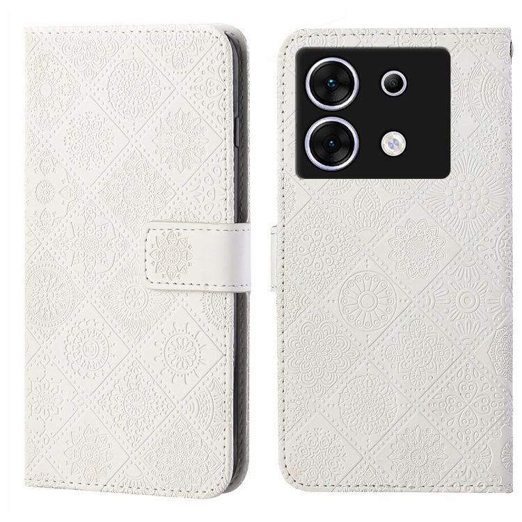 Funda de Cuero con Patrón en Relieve Estilo Étnico para Infinix Zero 30 5G (Blanca)