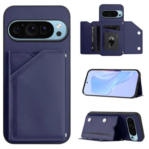 Funda para Teléfono Google Pixel 9 Pro Skin Feel con 4 Ranuras para Tarjetas y Correa para Muñeca (Azul)