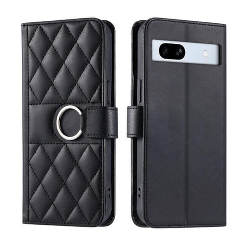 Funda de Cuero para Google Pixel 7A con Forma de Rombo y Hebilla de Anillo (Negra)
