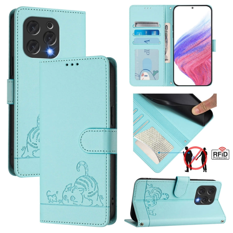 Funda de Cuero Rfid para Doogee N55 Plus con Estampado de Rata y Gato y Cordón (Verde Menta)