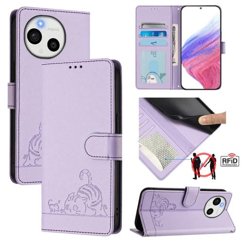 Funda de Cuero Rfid para Sharp Aquos Sense9 Plus con Estampado de Rata y Gato En Relieve y Cordón (Morado)