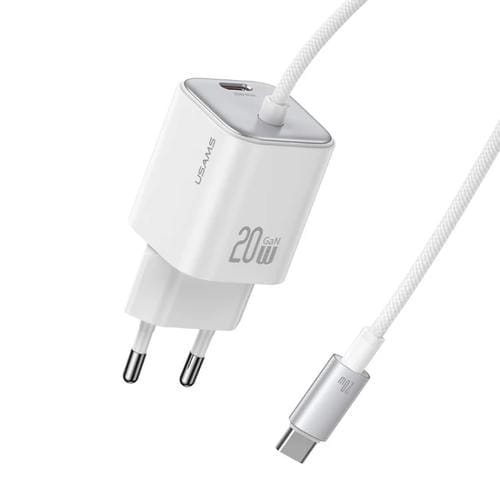 Cargador Rápido Mini Usams CC261 Doble Puerto Tipo C/USB-C 20W Gan con Cable (Blanco)