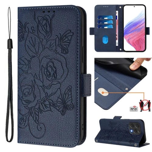 Funda de Cuero Antirrobo RFID con Relieve para Doogee N55 Plus (Azul Oscuro)
