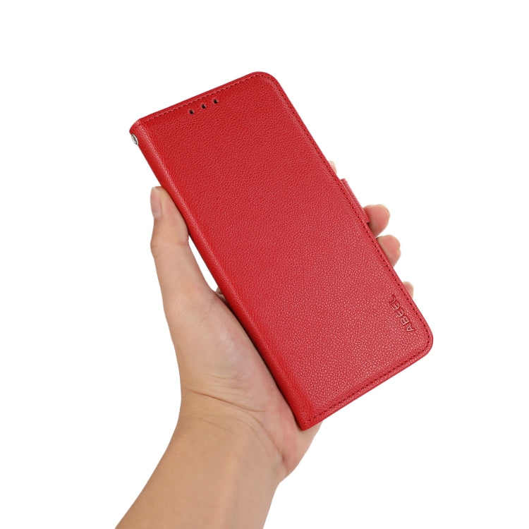 Funda de Cuero con Patrón de Lichi y Cierre Magnético Lateral para OnePlus 13 Abeel (Rojo)