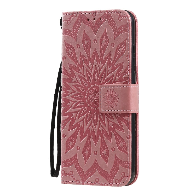 Para Motorola Moto E6s (2020) Impresión prensada Patrón de girasol Funda de cuero PU con tapa horizontal Soporte y ranuras para tarjetas y billetera y cordón (Rosa)