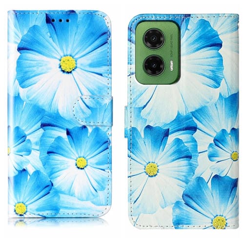 Funda de Cuero para Motorola Moto G35 con Patrón Mármol y Dibujo Flor Azul