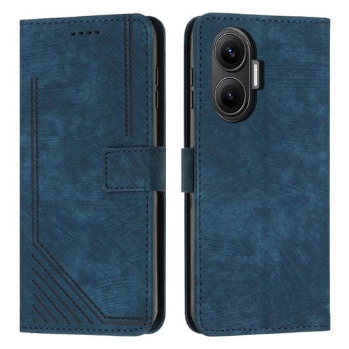 Funda de piel con estampado de rayas y cordón para Xiaomi Poco F7 (azul)