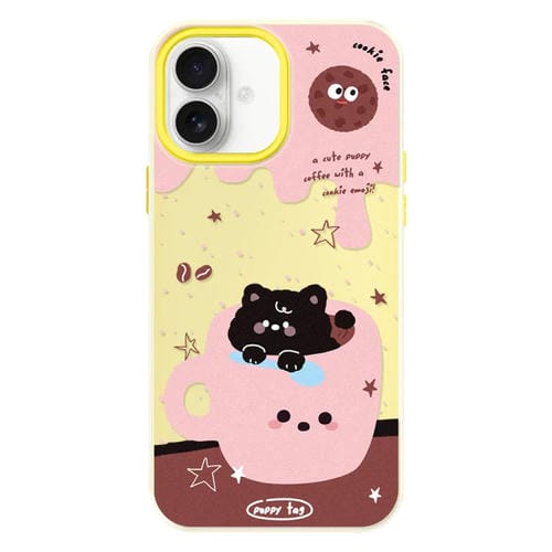 Funda híbrida TPU y Policarbonato iPhone 16 Cachorro taza de té (Amarillo)
