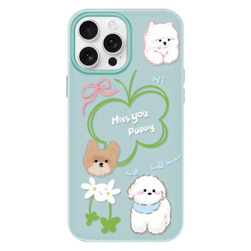 Funda híbrida TPU y Policarbonato iPhone 15 Pro Tacto de Piel (Flores, Cachorro, Verde Claro)