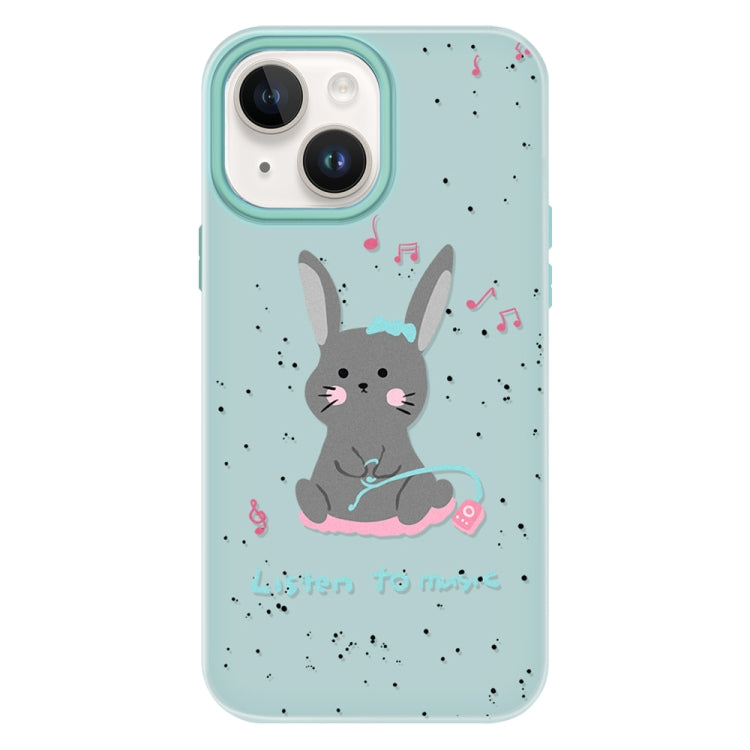 Funda híbrida TPU y PC para iPhone 14 con diseño Conejo para escuchar música (Verde Claro)