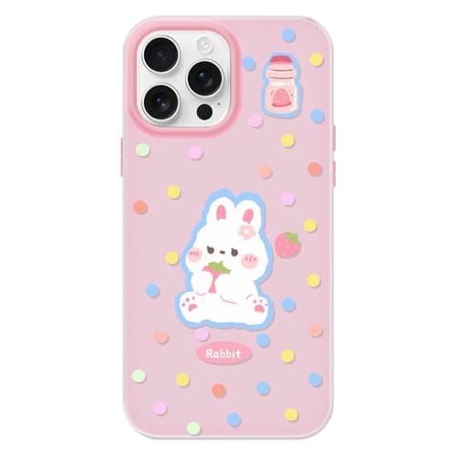 Funda híbrida TPU Policarbonato iPhone 14 Pro Tacto Gelatina (Rosa Conejo con Lunares)