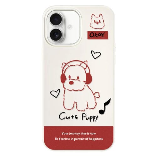 Funda híbrida TPU Policarbonato para iPhone 16 Plus con diseño Auriculares Perro (Blanco)