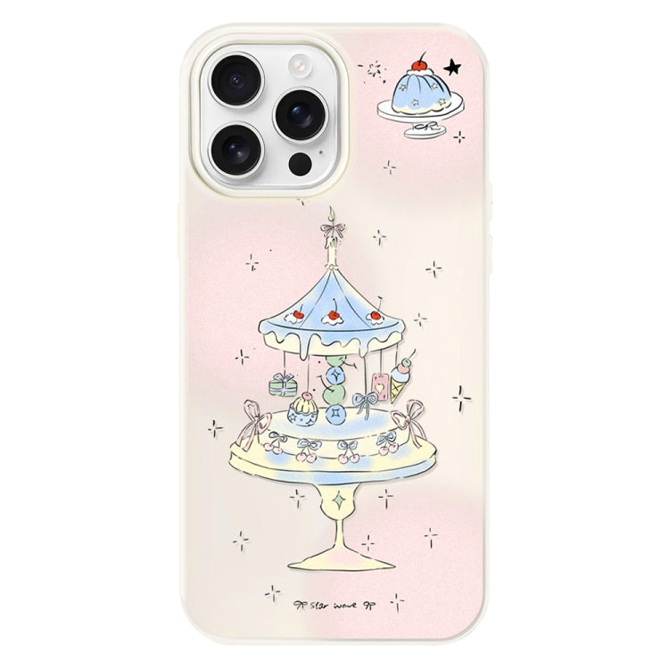 Funda híbrida TPU y PC para iPhone 14 Pro con soporte para tartas de postre (Blanco)