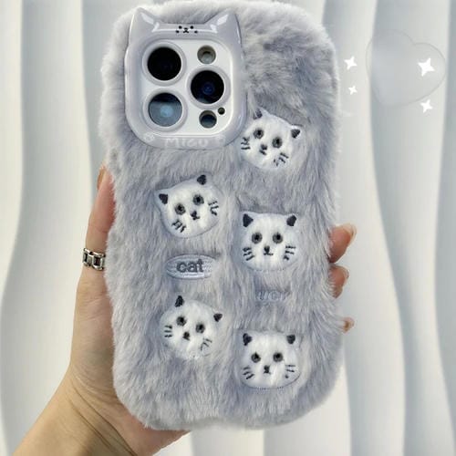Funda silicona bordada felpa iPhone 15 Pro Max (Gato Gris)