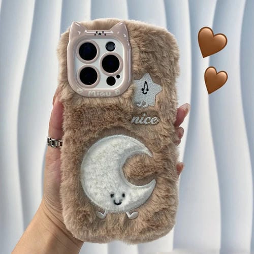 Funda de Silicona con Bordado de Peluche para iPhone 13 Pro (Luna)