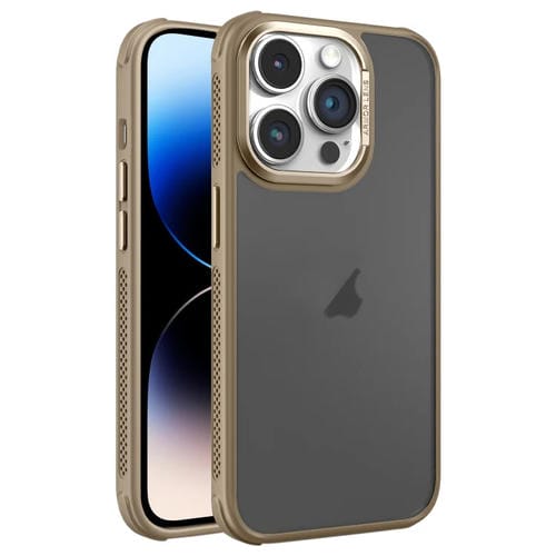 Estuche para Teléfono iPhone 14 Pro Max Marco de Lente Metal Esmerilado Sensación de Piel Enfriamiento Lateral (Dorado)