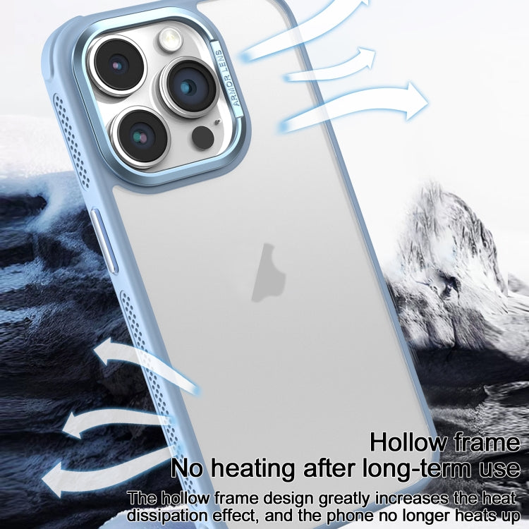 Estuche para teléfono iPhone 15 Pro Max con marco de Lente de metal esmerilado y enfriamiento lateral (Azul)