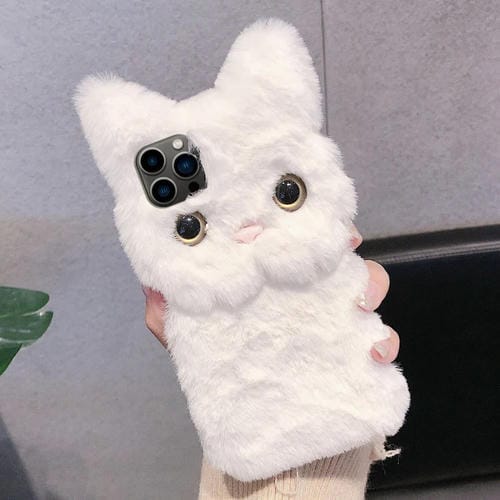 Funda para teléfono iPhone 13 Pro Max con diseño de gato de peluche 3D y cobertura total (Blanca)
