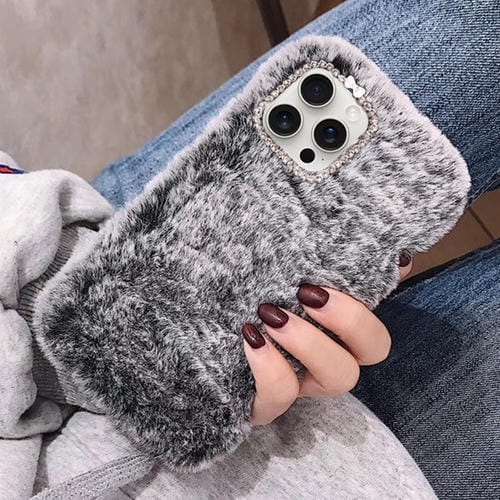 Funda de Teléfono Felpa con Anillo Lente Diamante iPhone 14 Pro Max (Gris)