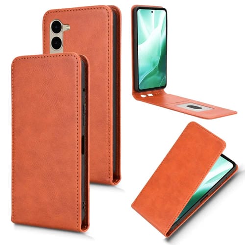 Funda de Cuero para Fujitsu Arrows F-51E We2 Plus con Tapa Vertical Magnética (Marrón)