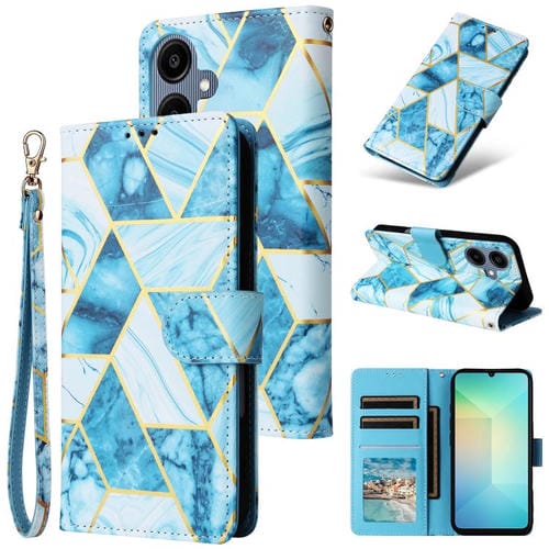 Funda de cuero con costuras en bronce y mármol para Samsung Galaxy A07 4G/5G (azul)