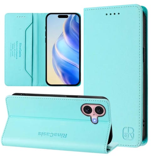 Funda de Cuero con Doble Pliegue y Succión Magnética para iPhone 16 Plus Rc01 (Verde Menta)