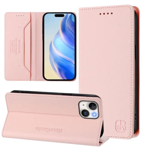Funda de Cuero para iPhone 14/13 Rc01 Doble Pliegue Succión Magnética (Rosa)