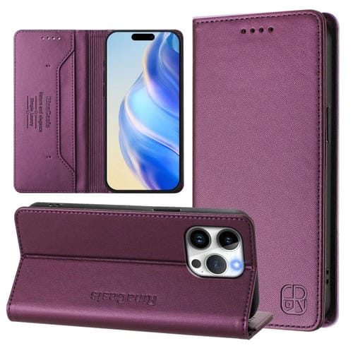 Funda de Cuero Rc01 para iPhone 14 Pro Max con Doble Pliegue y Succión Magnética (Violeta)
