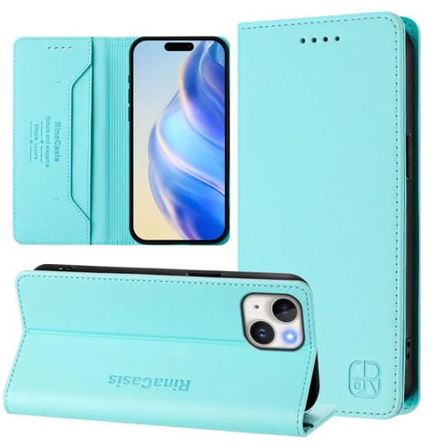 Funda de Cuero para iPhone 13 Mini Rc01 Doble Pliegue Succión Magnética (Verde Menta)