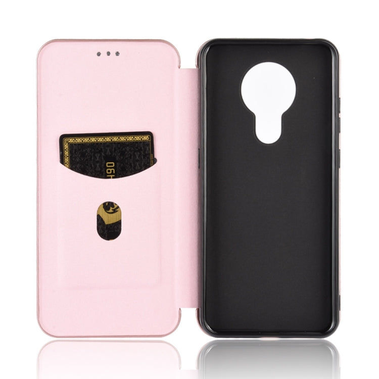 Para Nokia 5.3 Carcasa de cuero con tapa magnética horizontal con textura de fibra de carbono TPU + PC + PU con ranura para tarjeta (rosa)