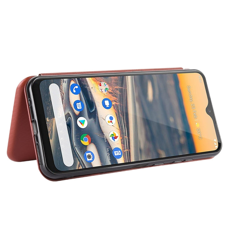 Para Nokia 5.3 Carcasa de cuero con tapa magnética horizontal con textura de fibra de carbono TPU + PC + PU con ranura para tarjeta (marrón)