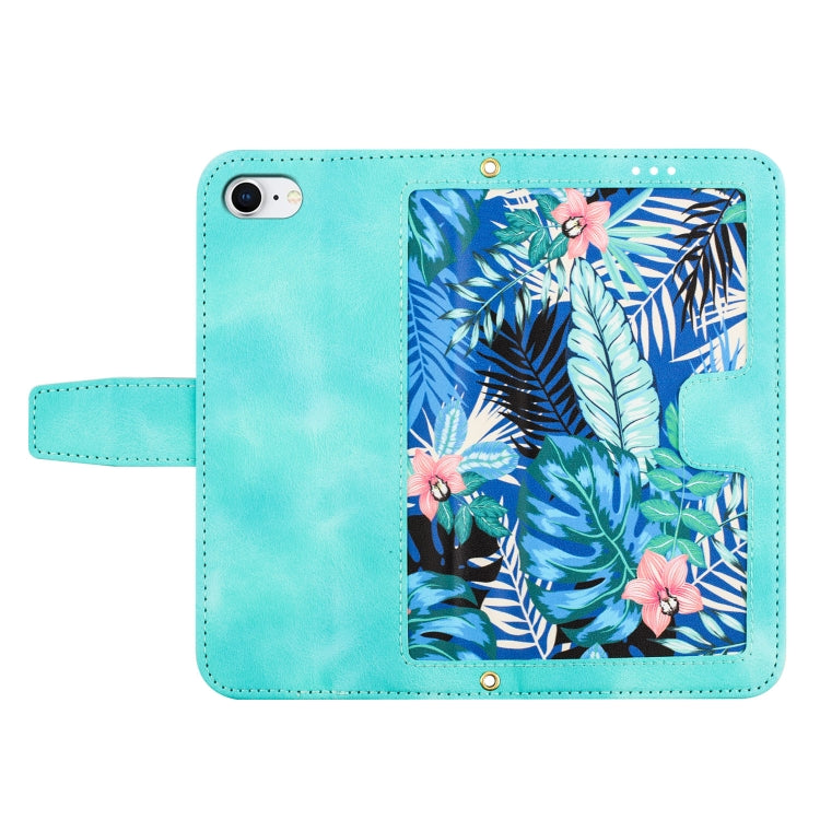 Funda de Cuero para iPhone 16E con Estampado Floral y Cordón (Verde)