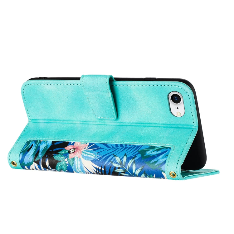 Funda de Cuero para iPhone 16E con Estampado Floral y Cordón (Verde)