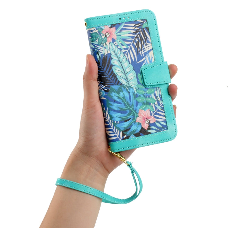 Funda de Cuero para iPhone 16E con Estampado Floral y Cordón (Verde)