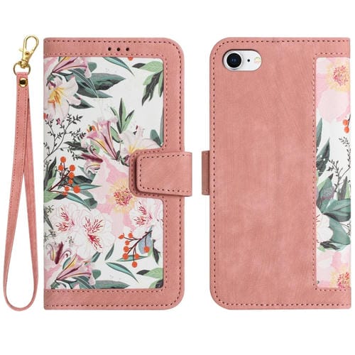 Funda de Cuero para iPhone 16E con Estampado Floral y Cordón (Rosa)