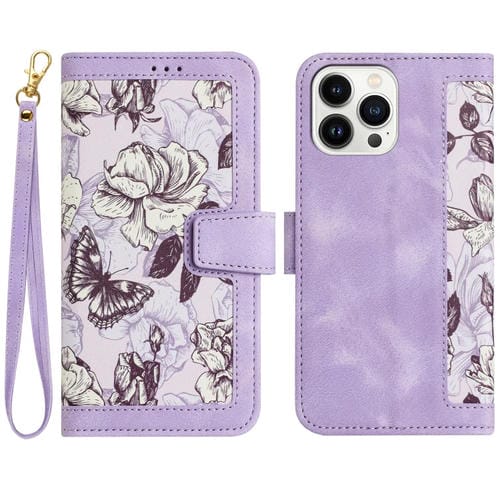 Funda de Cuero para iPhone 15 Pro Max con Estampado Floral y Cordón (Morado Claro)