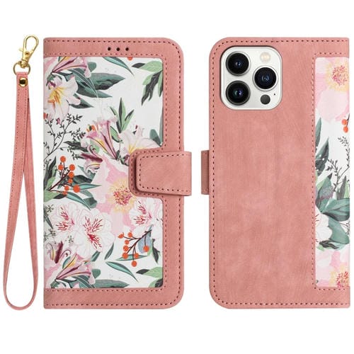 Funda de Cuero para iPhone 15 Pro Estampado Floral con Cordón (Rosa)