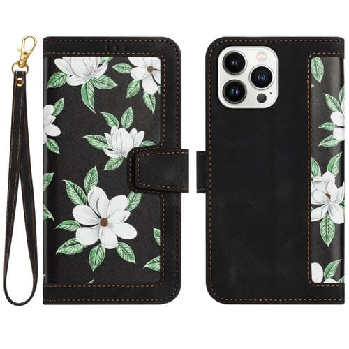Funda de Cuero iPhone 14 Pro Estampado Floral con Cordón (Negro)