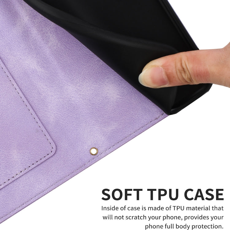 Funda de Cuero para iPhone 13 Pro con Estampado Floral y Cordón (Morado Claro)