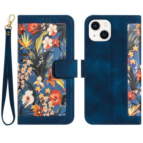 Funda de Cuero para iPhone 13 Pro Estampado Floral con Cordón (Azul Oscuro)