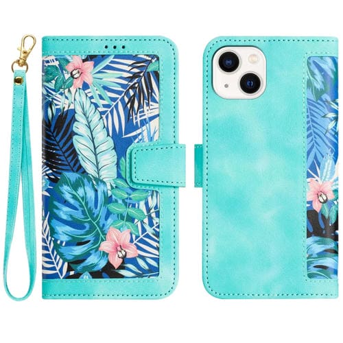Funda de Cuero para iPhone 13 Mini con Estampado Floral y Cordón (Verde)