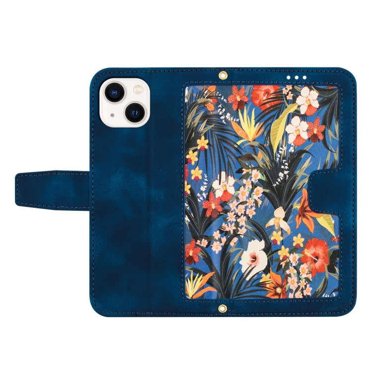 Funda de Cuero para iPhone 13 Mini Estampado Floral con Cordón (Azul Oscuro)