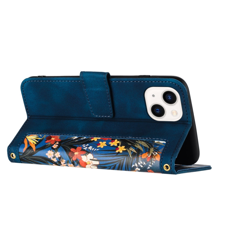 Funda de Cuero para iPhone 13 Mini Estampado Floral con Cordón (Azul Oscuro)