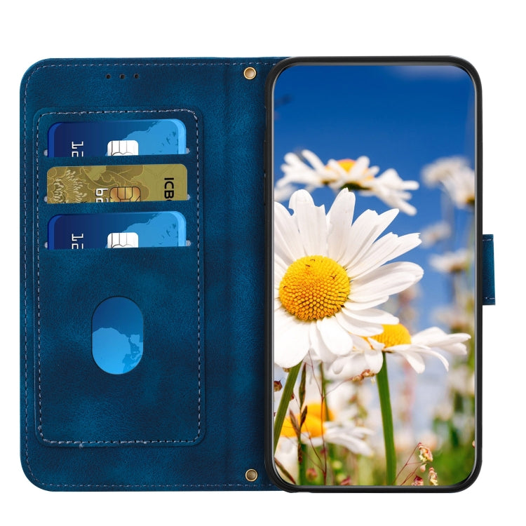 Funda de Cuero para iPhone 13 Mini Estampado Floral con Cordón (Azul Oscuro)