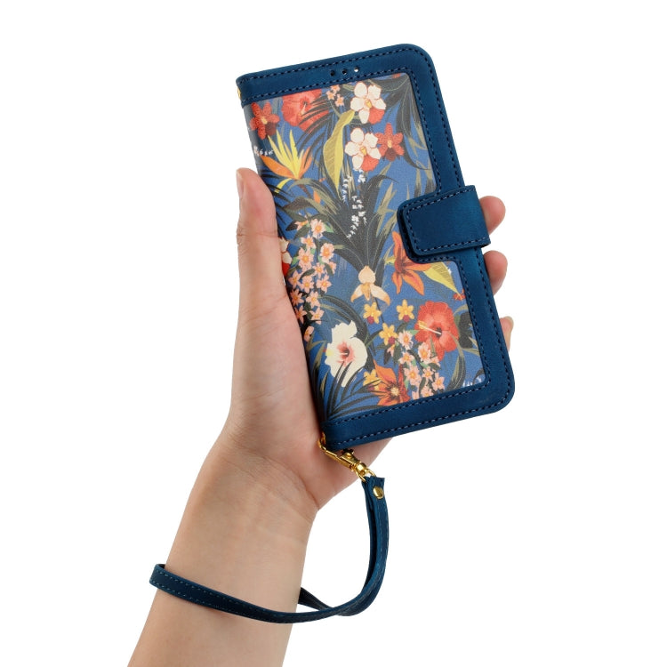 Funda de Cuero para iPhone 13 Mini Estampado Floral con Cordón (Azul Oscuro)