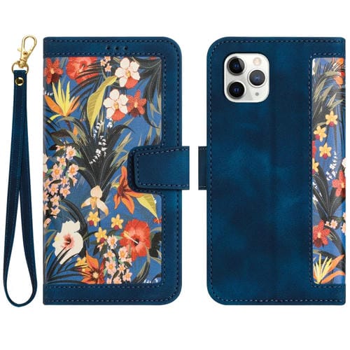 Funda de Cuero para iPhone 12/12 Pro con Estampado Floral y Cordón (Azul Oscuro)