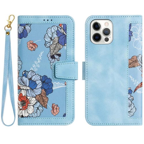 Funda de Cuero iPhone 12 Pro Max Estampado Floral con Cordón (Azul Claro)