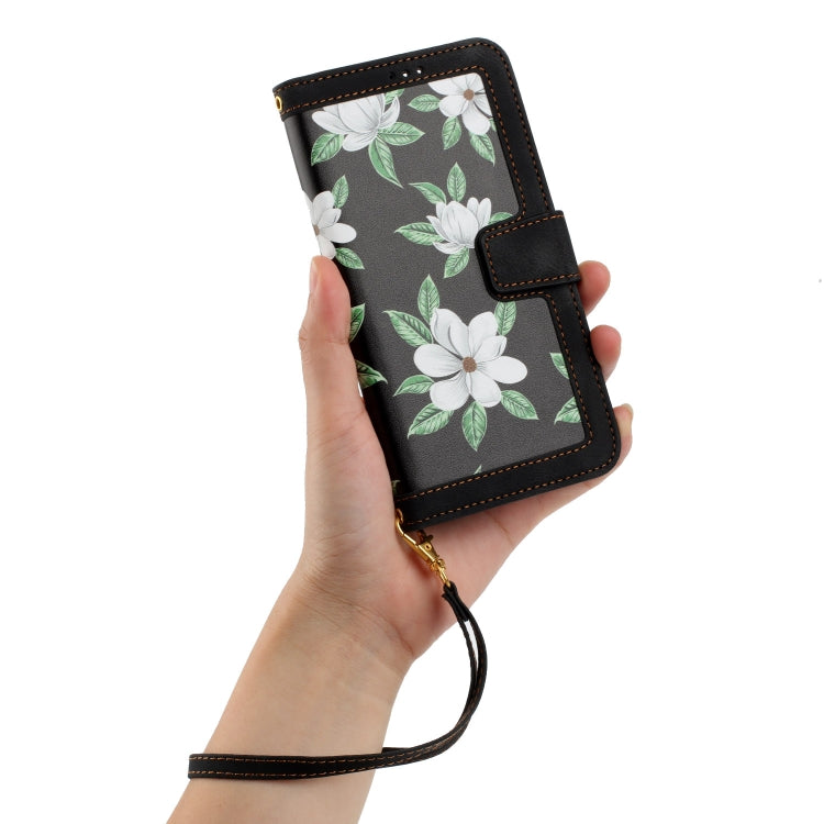 Funda de Cuero para iPhone 11 Pro Max con Estampado Floral y Cordón (Negro)